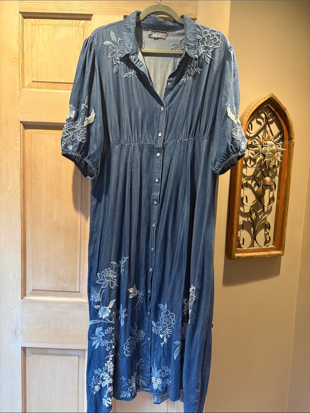 Johnny Was Jacqualine Puff Sleeve Blue Embroidered Dress XL